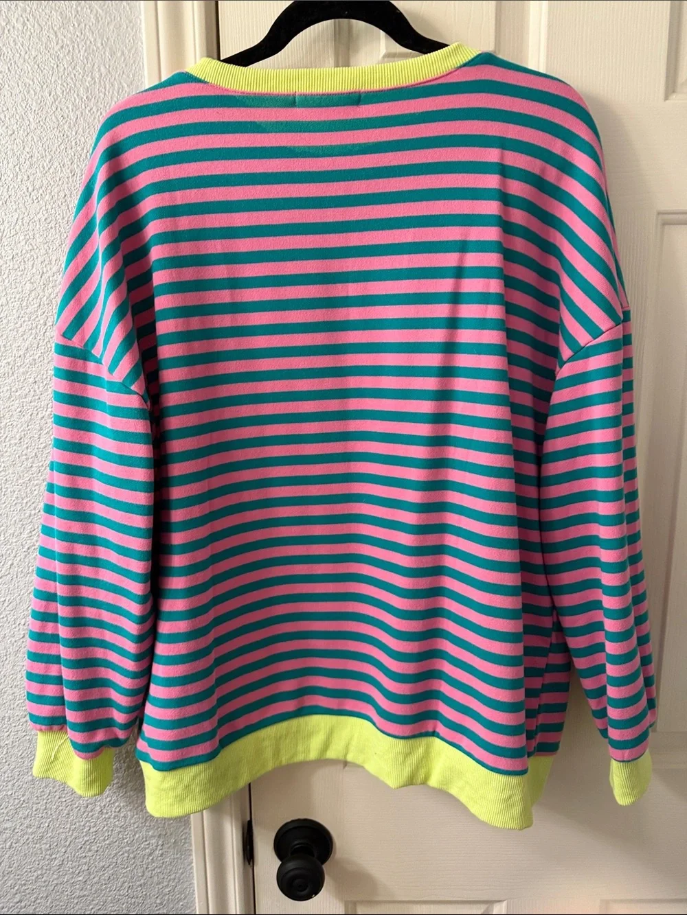 Women's Striped Crewneck Sweater in Pink & Teal with Neon Trim